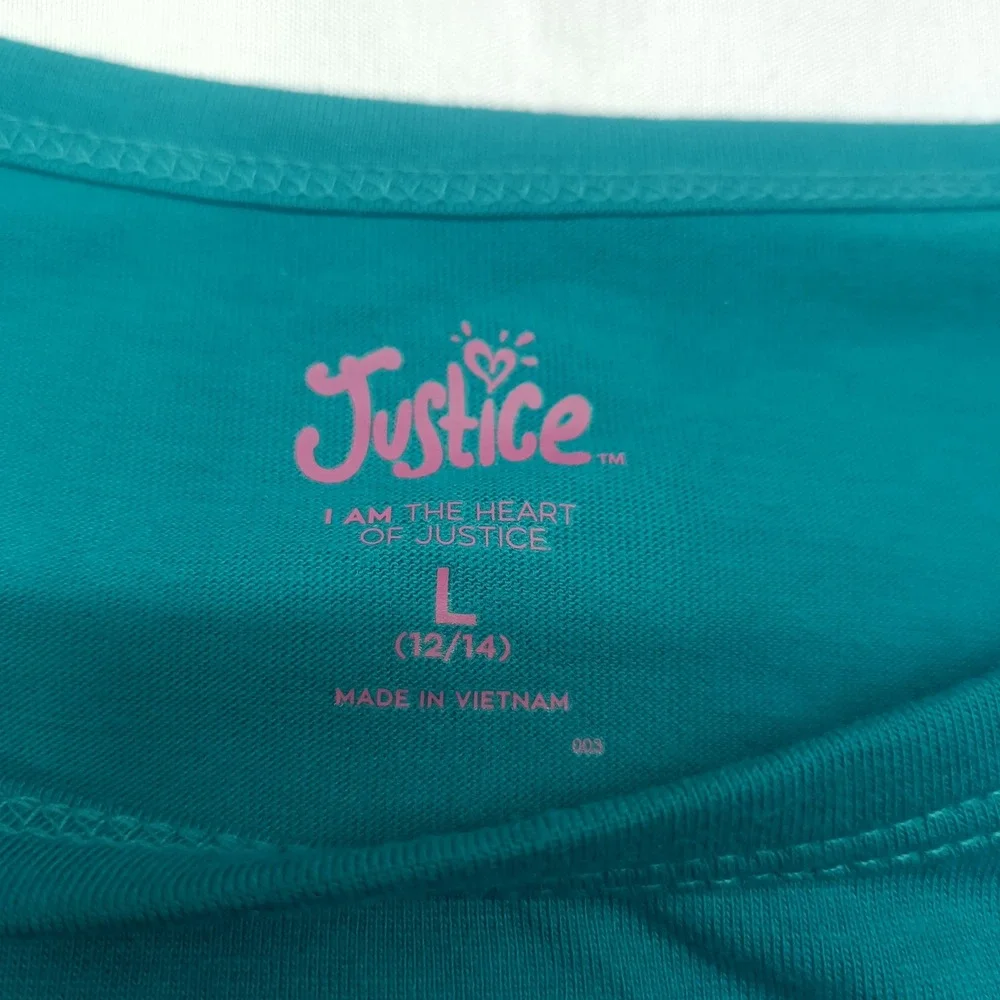 Justice Girls Varsity 2004 Graphic T-Shirt Teal Green Short Sleeve Size L 12/14
